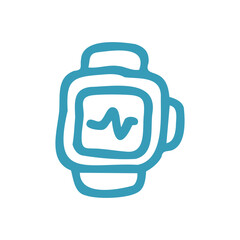 Hand-drawn blue smartwatch icon displaying a simple electrocardiogram heartbeat line