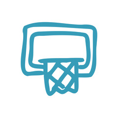 Simple hand drawn blue basketball hoop icon on a black background with a minimalist style