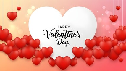 Happy Valentine&rsquo;s Day Background with White Heart and Red 3D Hearts