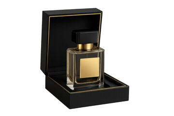 Luxury perfume bottle in elegant black box with gold trim