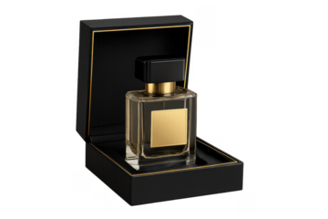 Luxury perfume bottle in elegant black box with gold trim