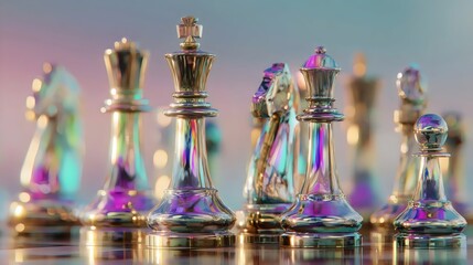 Close-up of colorful, iridescent chess pieces on a reflective board, creating a captivating and artistic atmosphere.