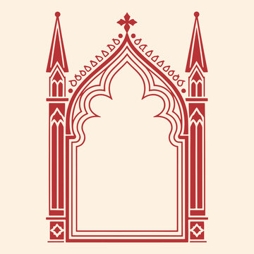 Gothic architectural window frame with red and white double outline and pointed arches