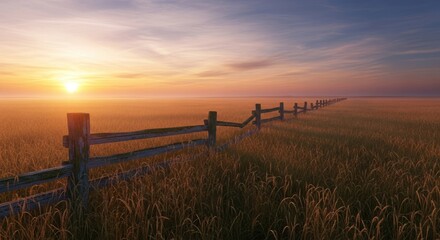 Fototapeta premium Sunrise over a golden field, a weathered wooden fence stretches into the distance, a soft mist hangs low