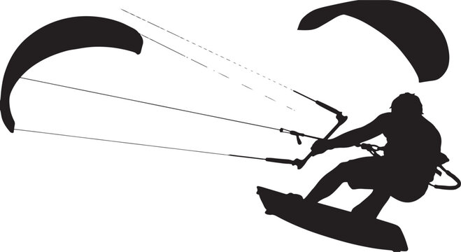 black silhouette of kitesurfer on white background, vecto