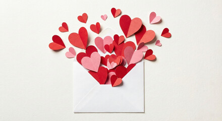 Open envelope with exploding paper hearts illustration

