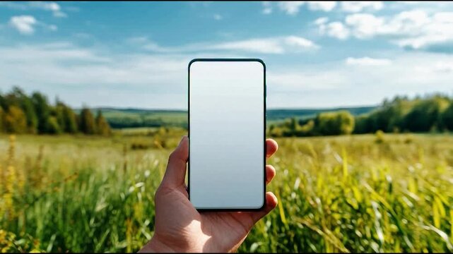 Hand holding smartphone with blank screen in nature