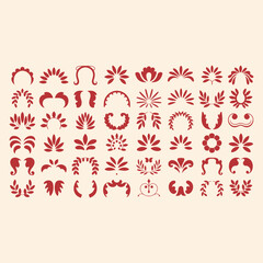Collection of red floral and leafy decorative patterns on a light background