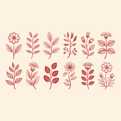 Ten Red Floral with Leaves on a Light Background flowers botanical
