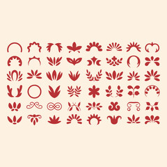 Collection of red floral and decorative patterns on a beige background