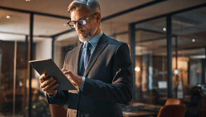 Experienced middle-aged business executive focused on work while standing in a modern office, reviewing financial data on a digital tablet. Well-dressed corporate manager in a suit and glasses engaged