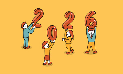 2026年の抱負・目標を掲げるビジネスマン・家族・学生のイラスト