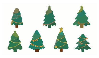 Cute flat Christmas trees set with colorful garlands balls and toys for festive holiday illustrations