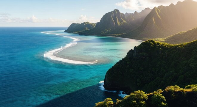 Tropical island coastline, turquoise ocean, lush hills