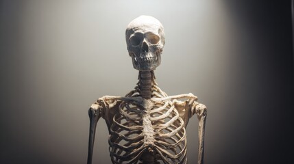 Realistic Human Skeleton Model with Skull and Ribcage in Dramatic Cinematic Lighting, Front View of Anatomical Bone Structure on Dark Background for Medical Study or Halloween Concept