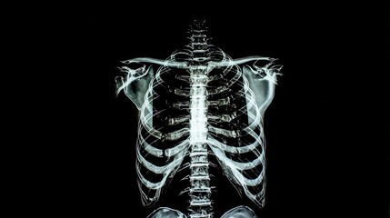 Digital X-ray Scan of Human Chest and Ribcage on Black Background, Medical Radiology Imaging of Thorax and Spine for Diagnostic, Healthcare Technology and Science Concept