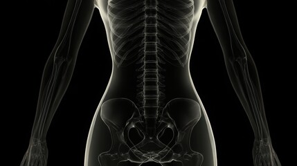 Human Anatomy Skeleton and Spine Visualization in X-ray Style, Translucent Female Torso with Rib Cage and Pelvis Bone Structure on Black Background for Medical and Sci-Fi Concept