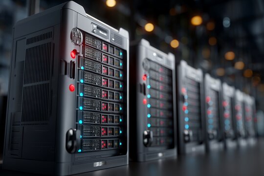 Modern data center: close-up of powerful server racks with led indicators - Powered by Adobe
