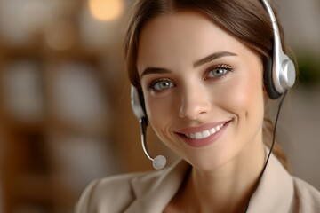 Smiling caucasian female adult customer service agent with headset