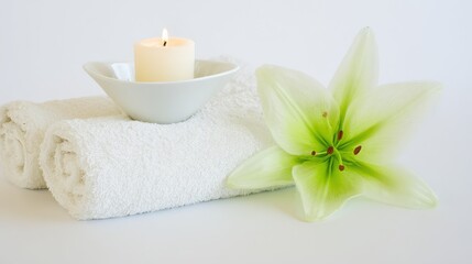 Spa Still Life with White Rolled Towels, Burning Scented Candle in Ceramic Bowl and Fresh Green Lily Flower on White Background for Wellness Salon and Luxury Body Care Concept