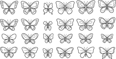 Black and white butterfly illustration grid with unique wing shapes and patterns for design, education, and artistic reference use. © Silent Soul