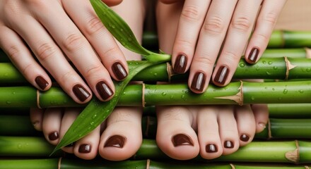 Woman's hands and feet with dark brown manicured nails, resting on green bamboo stalks