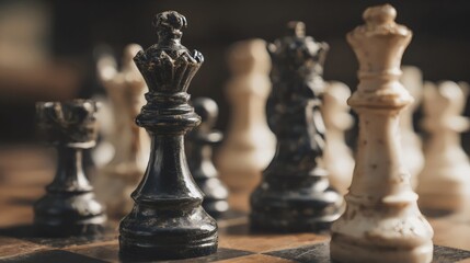 Fototapeta premium Close-up of a black queen chess piece surrounded by other pieces on a wooden chessboard.