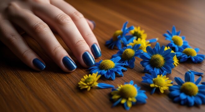 Woman's hand with dark blue nails rests gently on a wooden surface strewn with small blue and yellow flowers - Powered by Adobe