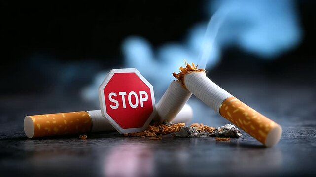 Stop smoking concept with two cigarettes forming cross shape and red stop sign, powerful anti-addiction visual, quit smoking symbolism, with copy space