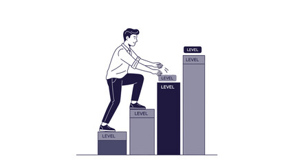 Motivational illustration of career progression showing a young man climbing ascending steps