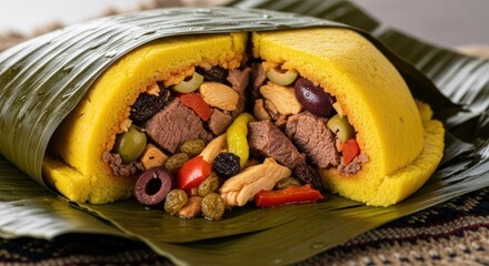 Yellow food wrapped in banana leaf, sliced open to reveal meat and vegetables