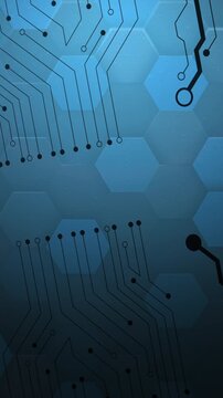 Blue Circuit Board Hex Pattern With Fine Traces And Node Connections, Futuristic Electronics Motif For Tech And Ai Presentations