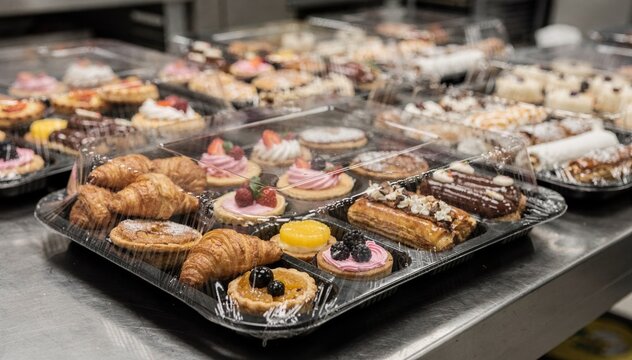 Medium shot showing closeup of sampler pastry assortment trays being tightly shrink wrapped to maintain freshness and convenient sampling.