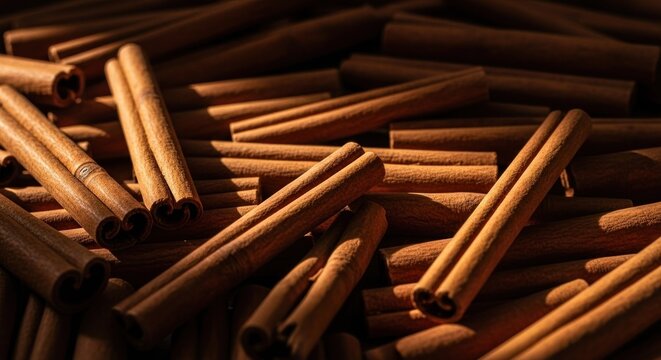 Close-up of many cinnamon sticks, with warm lighting