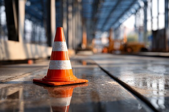 Orange traffic cone on wet construction site with steel framework