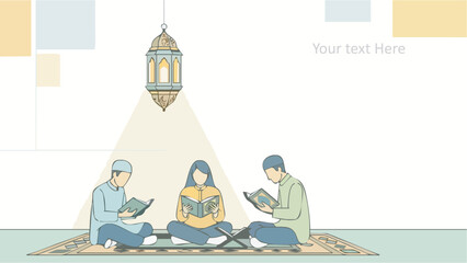 People reading quran together on a rug in a serene indoor setting