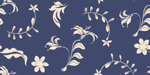 Folk floral seamless pattern design. Hand drawn botanical silhouette motifs decorative flower wallpaper. © Tri Trisuphat