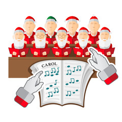 A Santa's hands in front of sheet music. The choir consists of two rows of dwarfs and elfs sing Carols, isolated on a white background. Vector Flat Christmas illustration