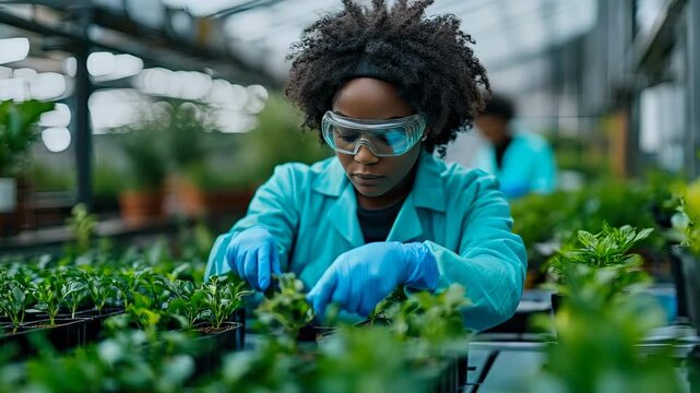 Scientist tending to young plants in greenhouse, focused on growth and research