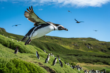 緑の大地から飛び立つペンギン
