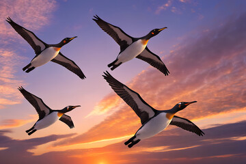夕焼け空の下を飛ぶ4匹のペンギン
