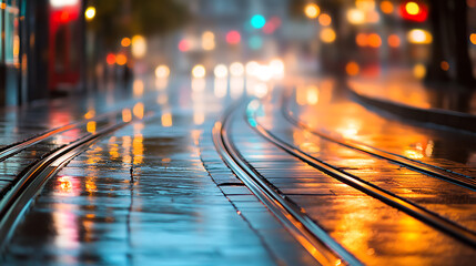 Rain-slicked tram tracks reflect city lights, creating a mesmerizing urban landscape. The blurred background enhances the focus on the gleaming rails, invoking a sense of motion & mystery.