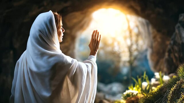 Faceless robed figure appearing to faceless woman at empty tomb symbolizing new life and faith on Easter, defocused morning light, with copy space