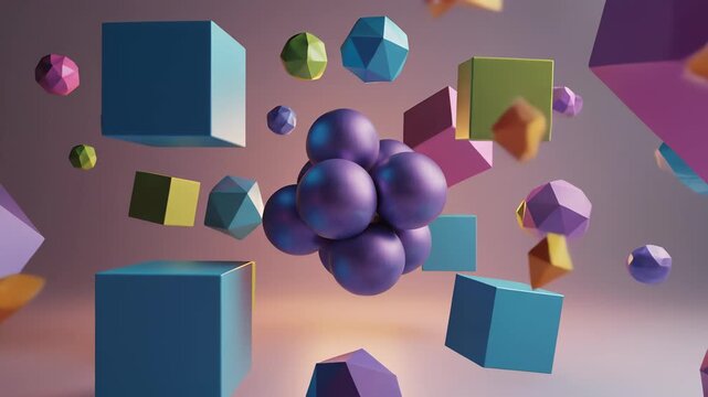 Suspension of colorful cubes and purple balls in mid air creates an abstract, modern visual composition capturing the essence of creative freedom and limitless possibilities.