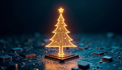 Futuristic glowing Christmas tree made of golden digital circuit lines standing on microchip