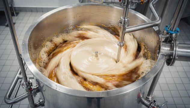 Batch emulsification scene highlighting a stainless steel vessel where emulsifiers vigorously combine oil and water phases creating smooth consistent flavor extracts.