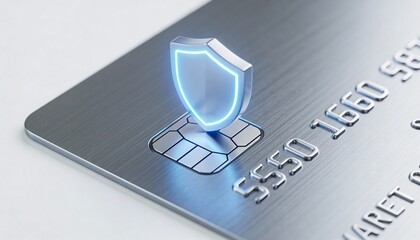 Credit Card with Glowing Shield Icon above Chip for Ecommerce Fraud Prevention and Payment Security Safeguard, Minimalist Card without Numbers or Magnet Stripe on High-Tech Background