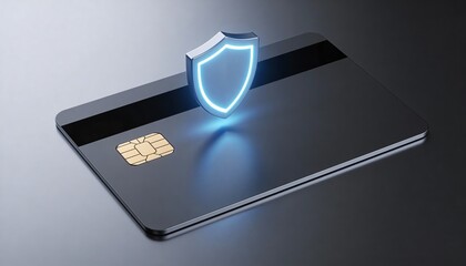 Credit Card with Glowing Shield Icon above Chip for Ecommerce Fraud Prevention and Payment Security Safeguard, Minimalist Card without Numbers or Magnet Stripe on High-Tech Background