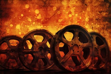 Obraz premium Vintage film reels on a wooden background with warm lighting