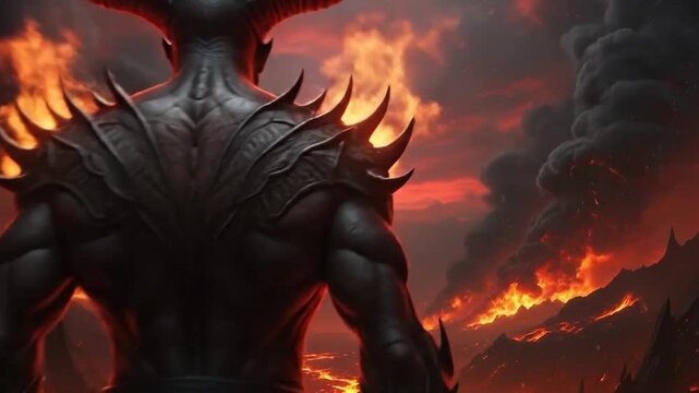 Imposing Devil figure viewed from back, massive horns against hellfire.